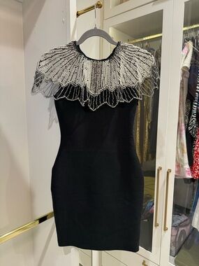 Black Beaded Collar Bodycon Dress